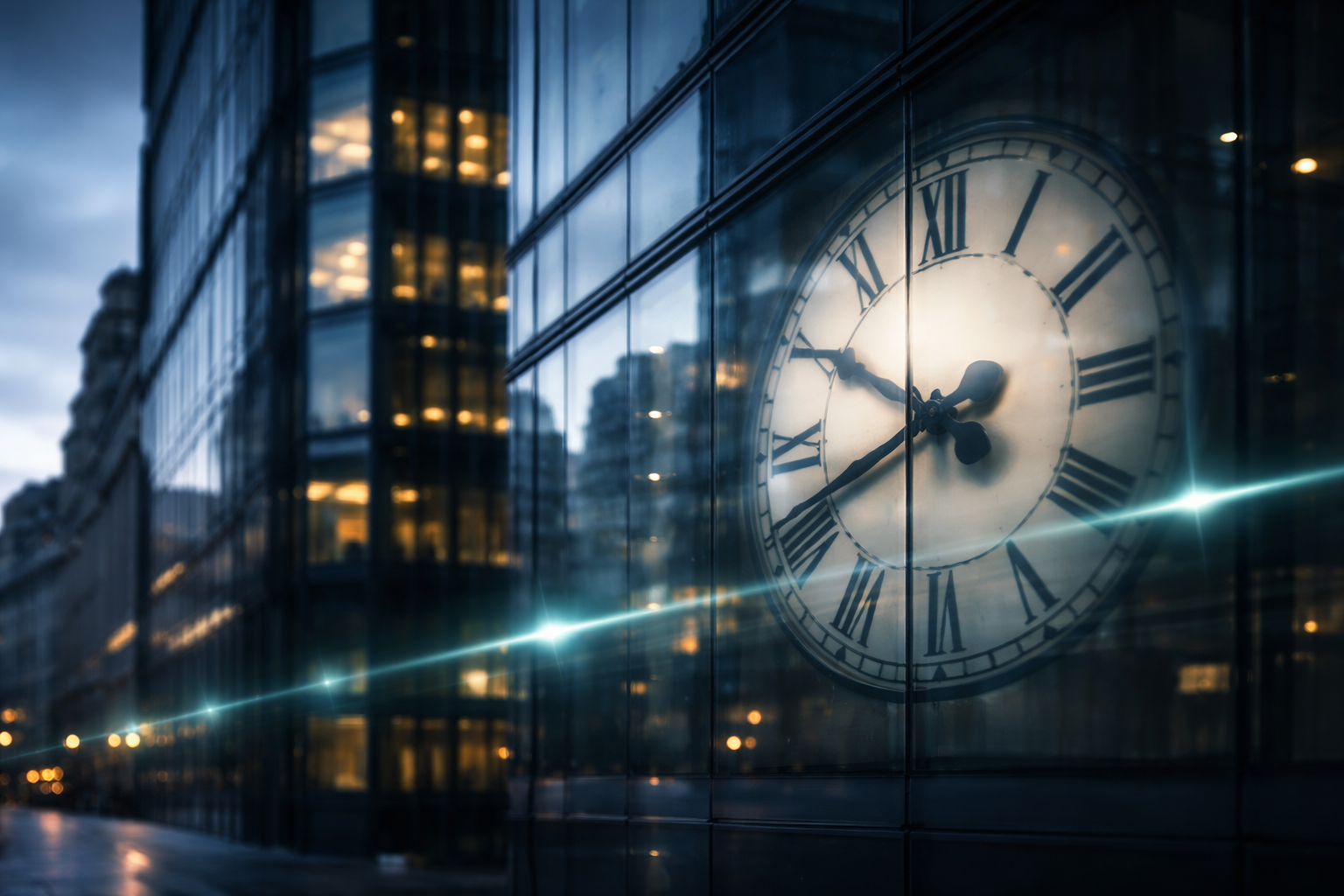 Close-up of a street clock in Newcastle at dusk, with a calm blue-toned city backdrop