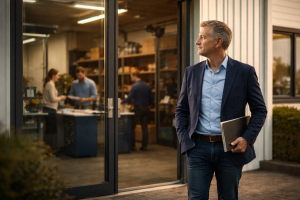Business owner (late 40s to early 60s) stands confidently with hands relaxed, looking out over operations.